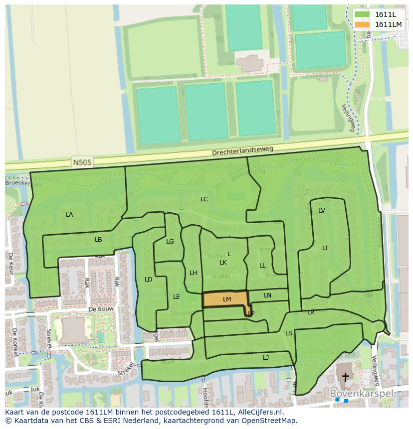 Afbeelding van het postcodegebied 1611 LM op de kaart.