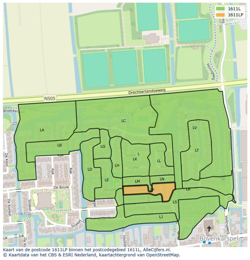 Afbeelding van het postcodegebied 1611 LP op de kaart.