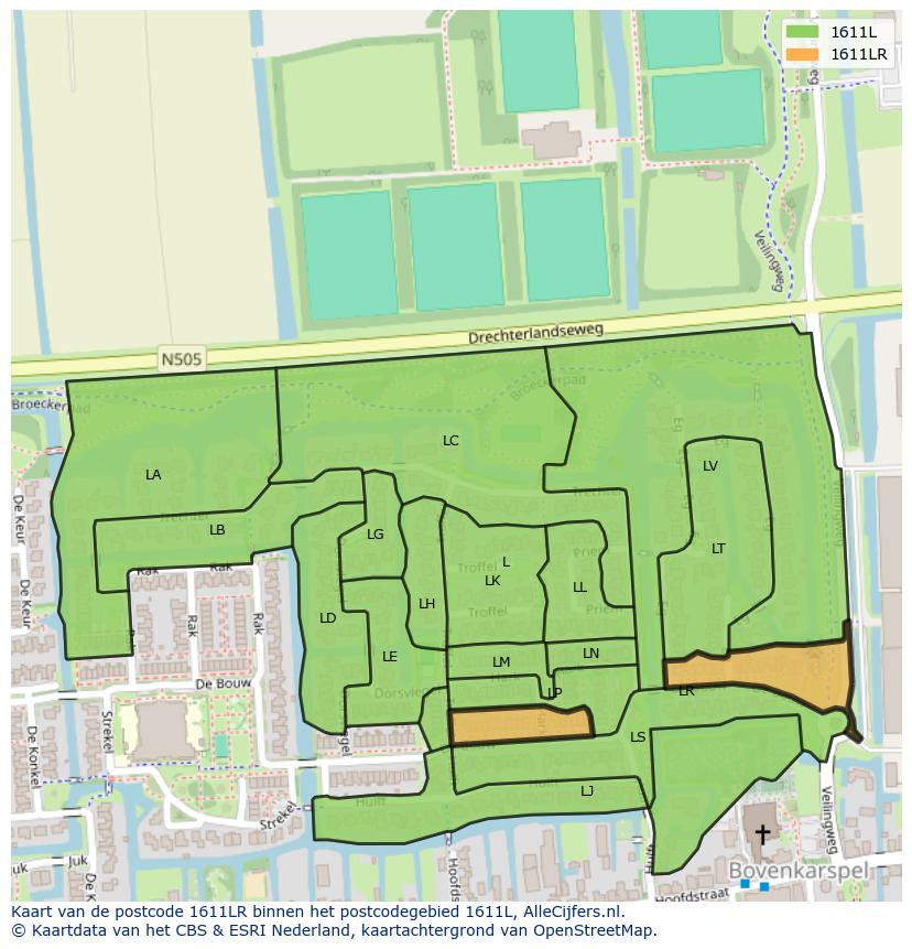 Afbeelding van het postcodegebied 1611 LR op de kaart.