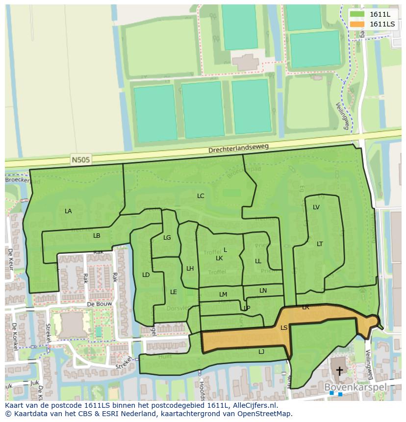 Afbeelding van het postcodegebied 1611 LS op de kaart.