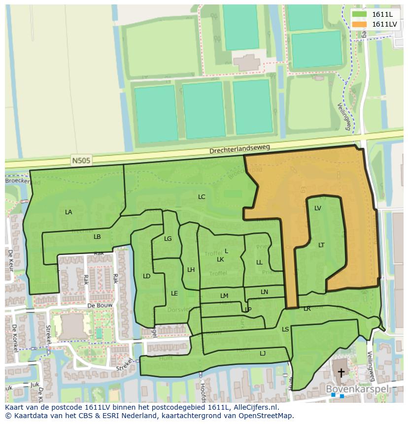 Afbeelding van het postcodegebied 1611 LV op de kaart.