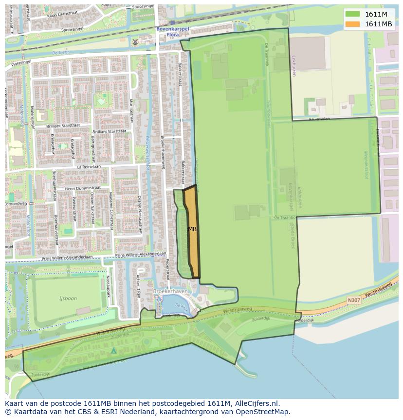 Afbeelding van het postcodegebied 1611 MB op de kaart.