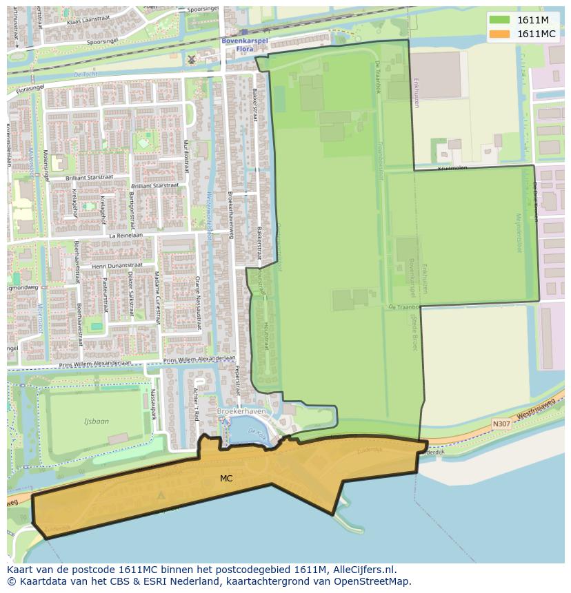 Afbeelding van het postcodegebied 1611 MC op de kaart.