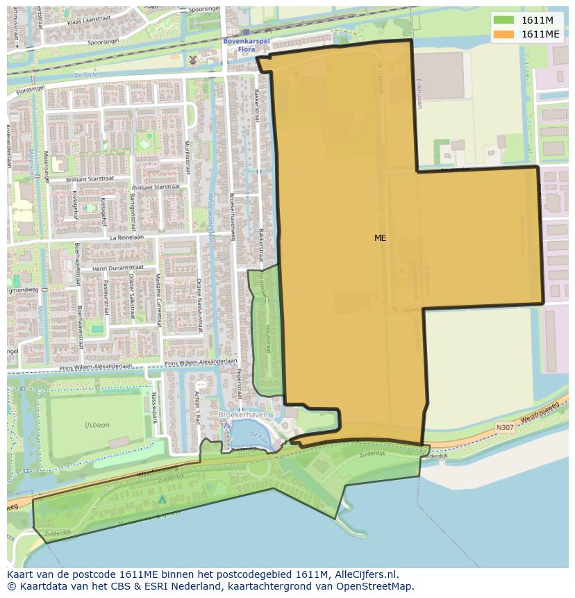 Afbeelding van het postcodegebied 1611 ME op de kaart.