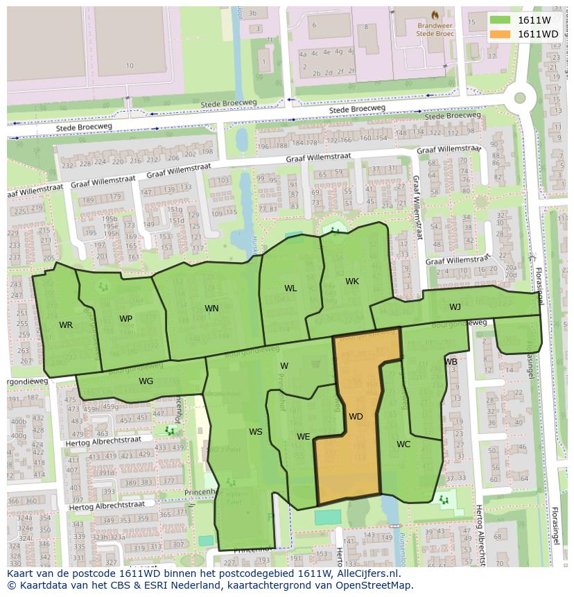 Afbeelding van het postcodegebied 1611 WD op de kaart.