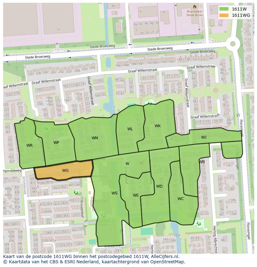 Afbeelding van het postcodegebied 1611 WG op de kaart.