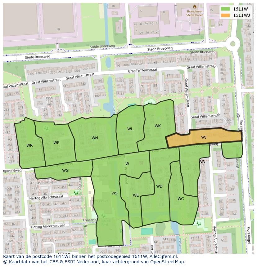 Afbeelding van het postcodegebied 1611 WJ op de kaart.