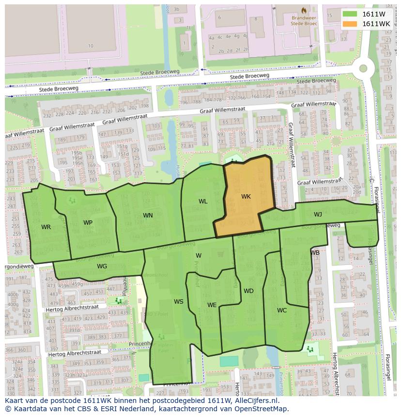 Afbeelding van het postcodegebied 1611 WK op de kaart.