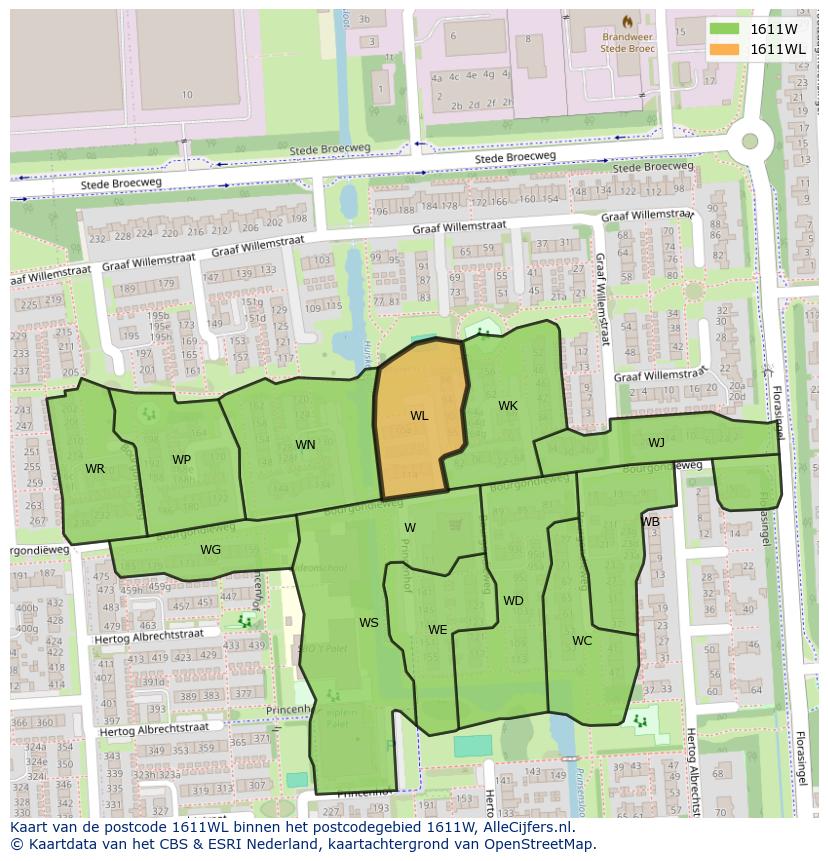 Afbeelding van het postcodegebied 1611 WL op de kaart.