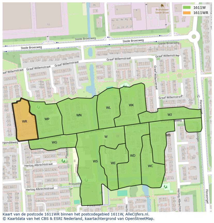 Afbeelding van het postcodegebied 1611 WR op de kaart.
