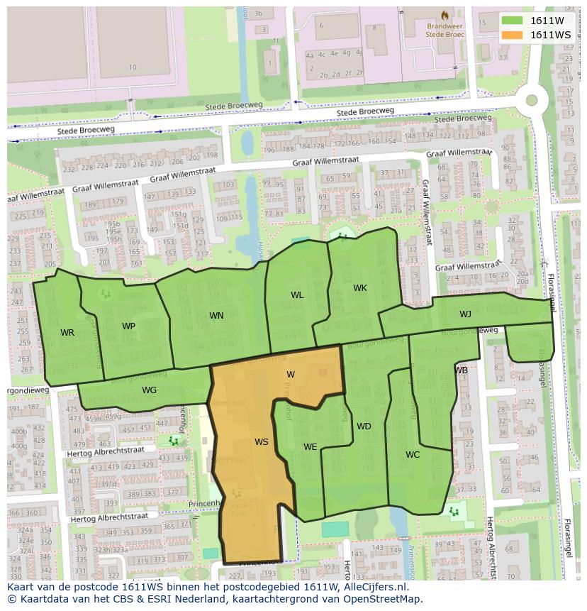 Afbeelding van het postcodegebied 1611 WS op de kaart.
