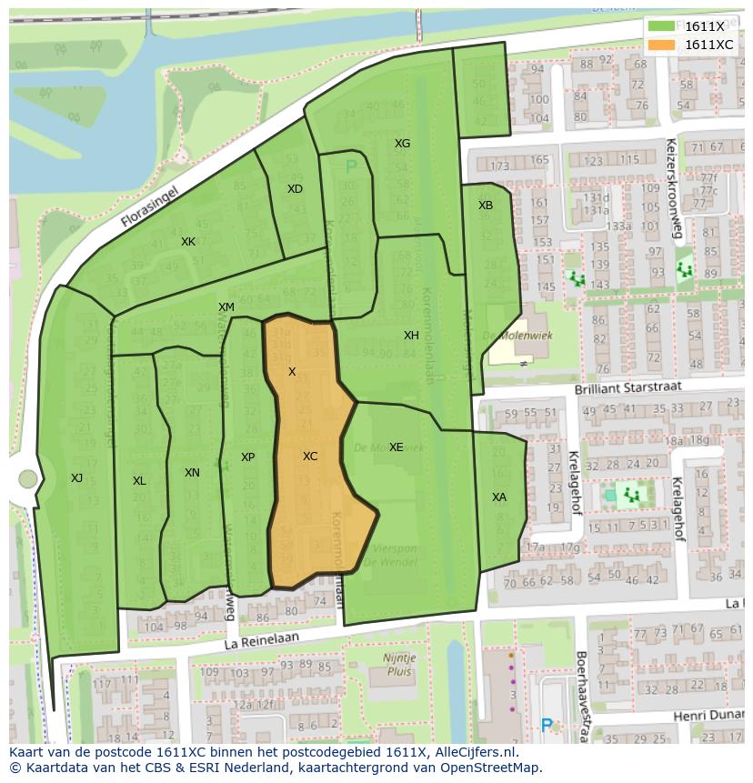 Afbeelding van het postcodegebied 1611 XC op de kaart.