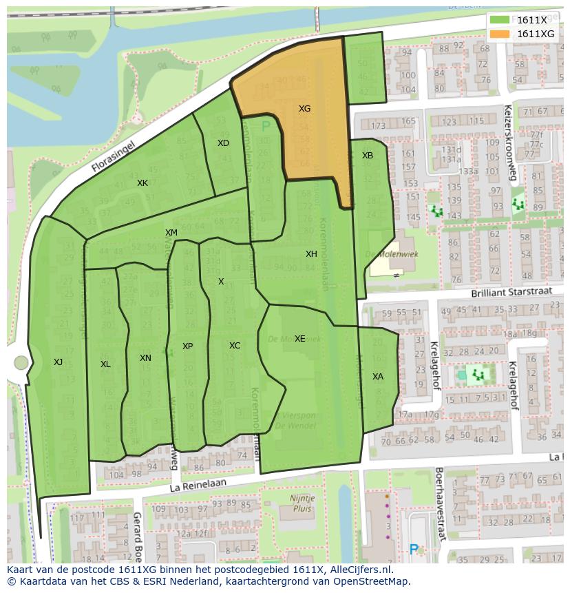 Afbeelding van het postcodegebied 1611 XG op de kaart.