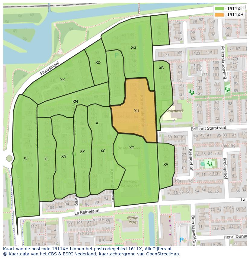 Afbeelding van het postcodegebied 1611 XH op de kaart.