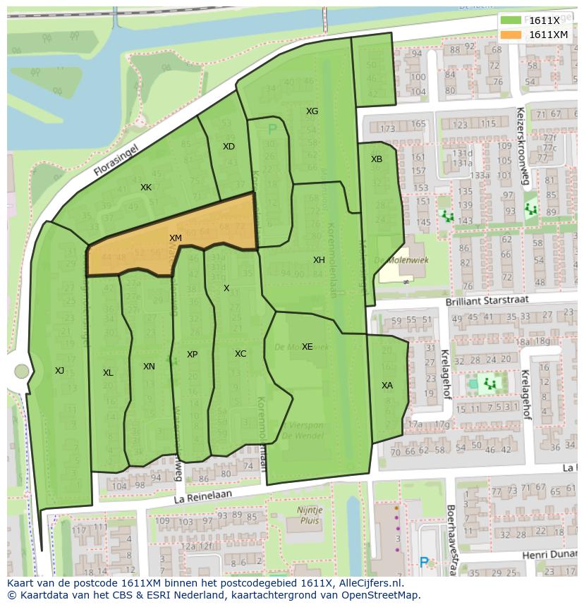 Afbeelding van het postcodegebied 1611 XM op de kaart.