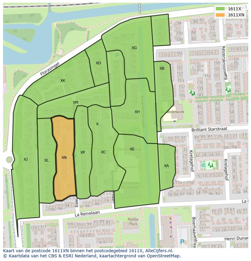 Afbeelding van het postcodegebied 1611 XN op de kaart.
