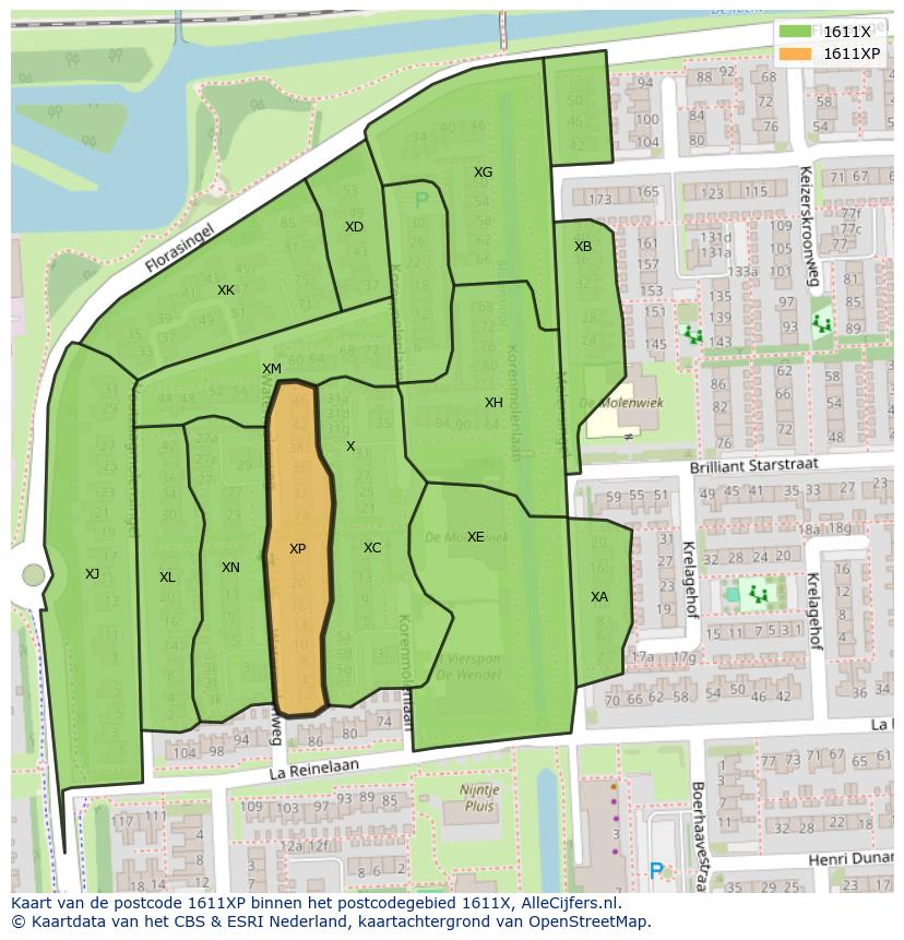 Afbeelding van het postcodegebied 1611 XP op de kaart.