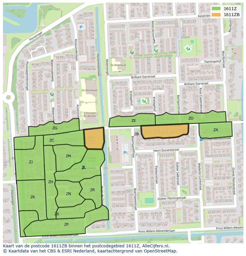 Afbeelding van het postcodegebied 1611 ZB op de kaart.