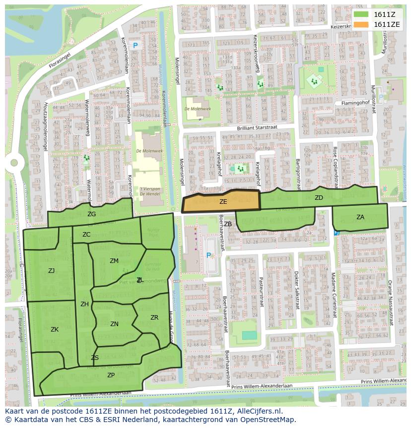 Afbeelding van het postcodegebied 1611 ZE op de kaart.