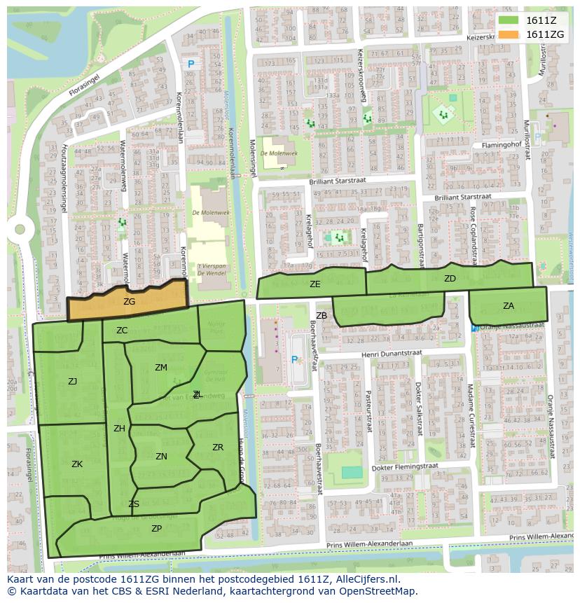 Afbeelding van het postcodegebied 1611 ZG op de kaart.