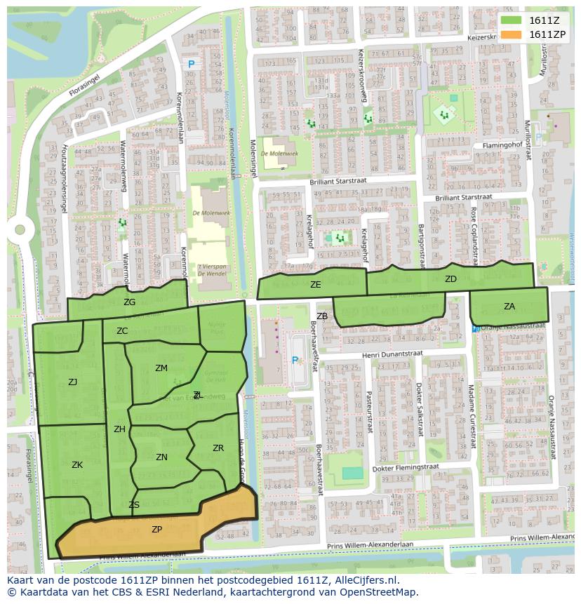 Afbeelding van het postcodegebied 1611 ZP op de kaart.