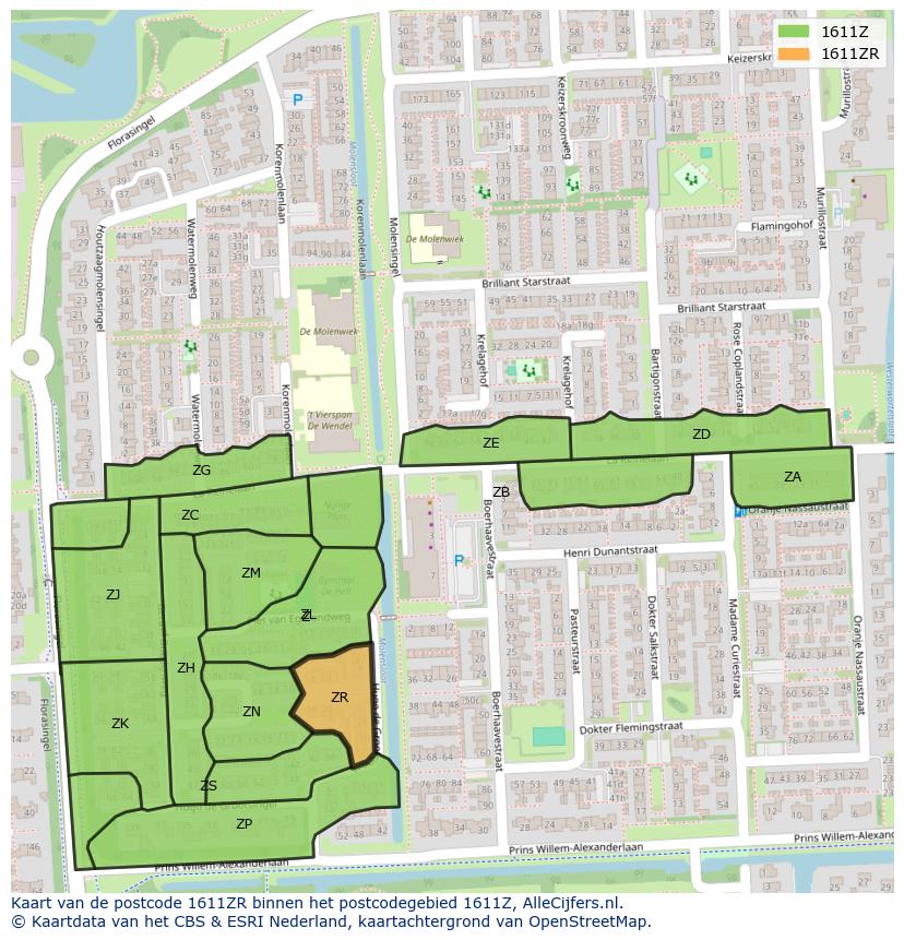 Afbeelding van het postcodegebied 1611 ZR op de kaart.