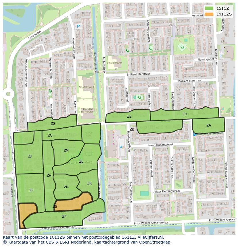 Afbeelding van het postcodegebied 1611 ZS op de kaart.