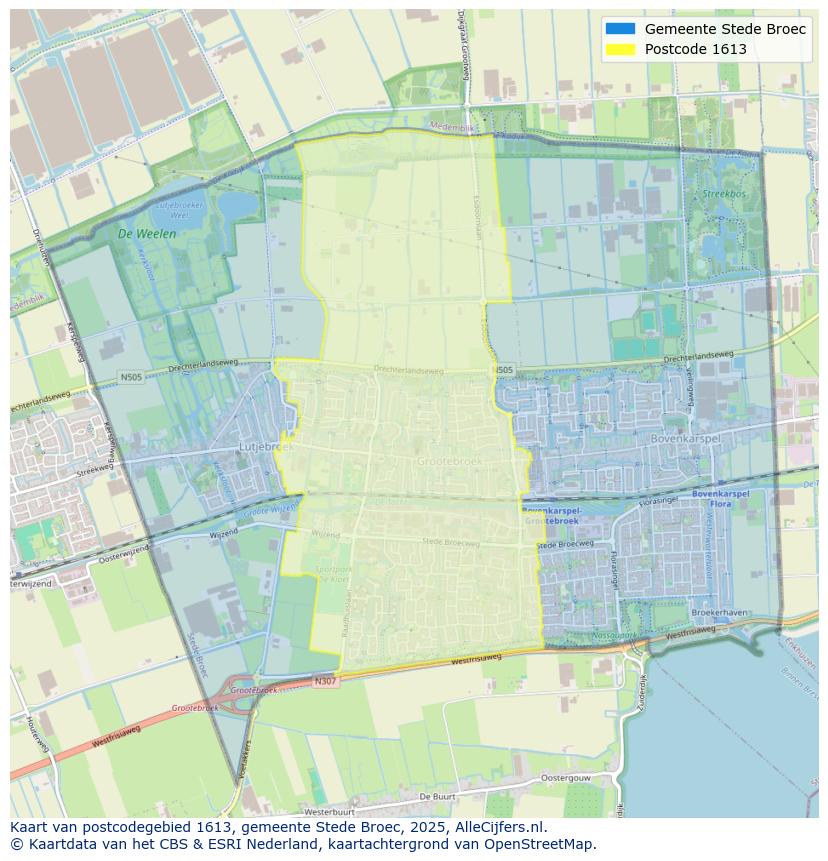 Afbeelding van het postcodegebied 1613 op de kaart.