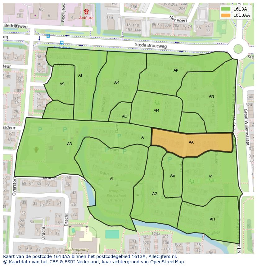 Afbeelding van het postcodegebied 1613 AA op de kaart.