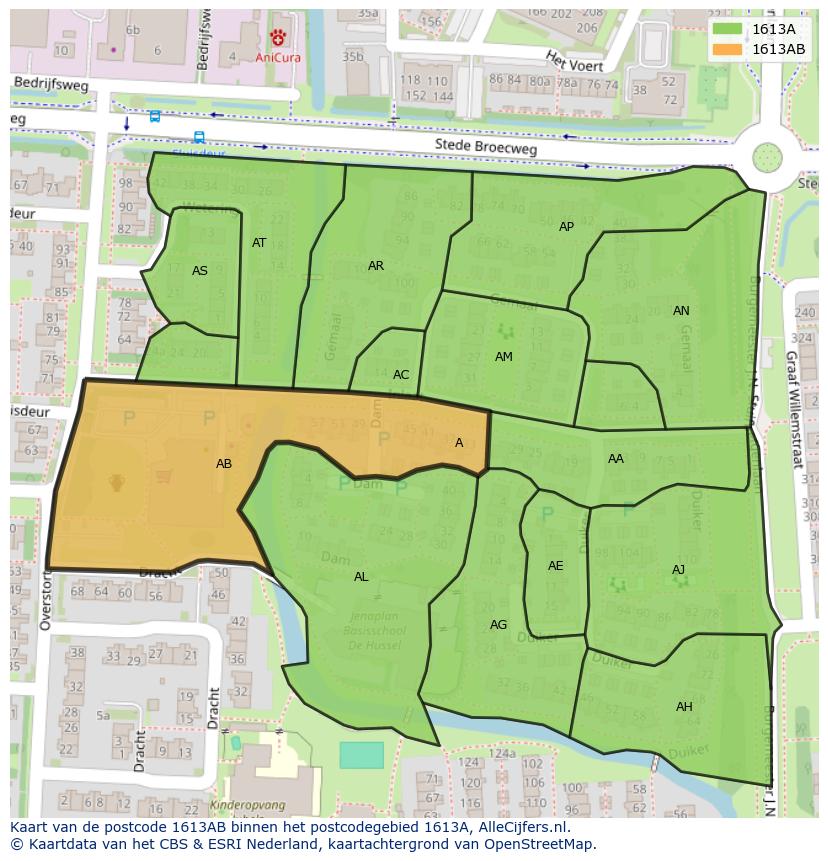 Afbeelding van het postcodegebied 1613 AB op de kaart.