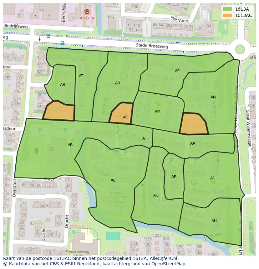 Afbeelding van het postcodegebied 1613 AC op de kaart.