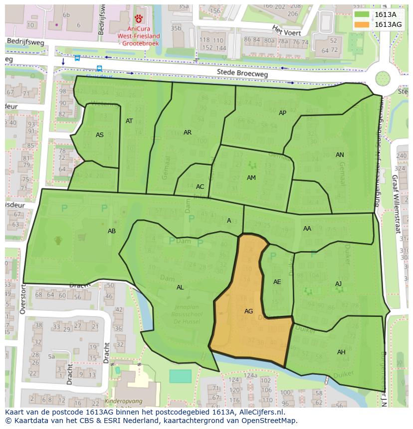 Afbeelding van het postcodegebied 1613 AG op de kaart.