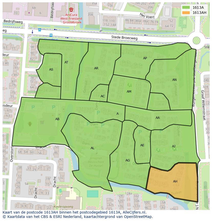 Afbeelding van het postcodegebied 1613 AH op de kaart.