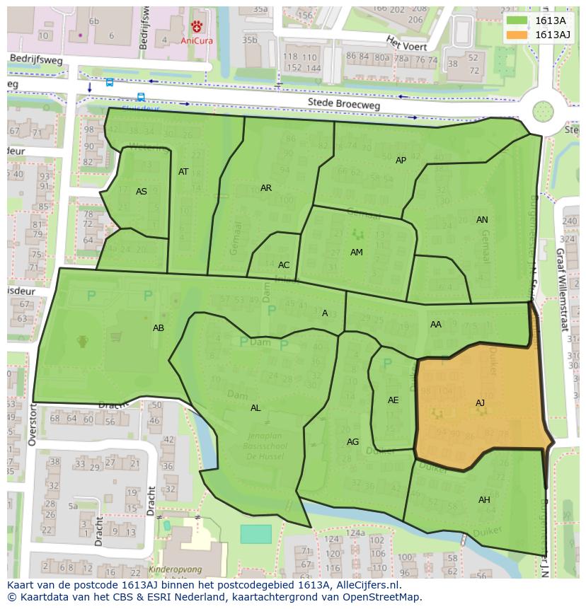 Afbeelding van het postcodegebied 1613 AJ op de kaart.