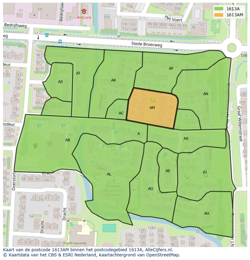Afbeelding van het postcodegebied 1613 AM op de kaart.