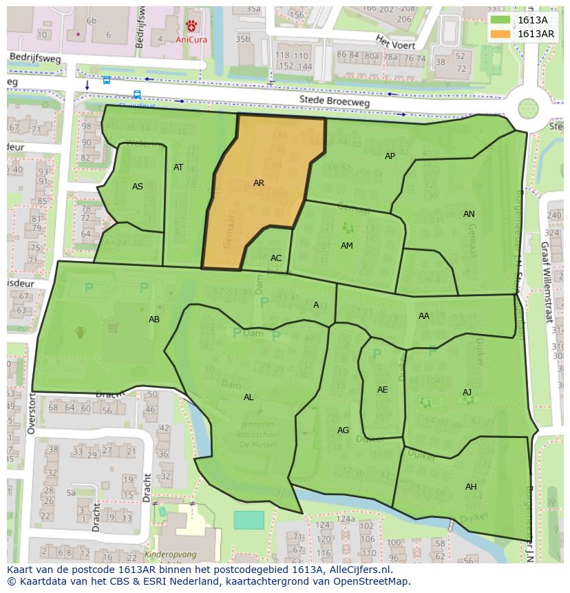 Afbeelding van het postcodegebied 1613 AR op de kaart.