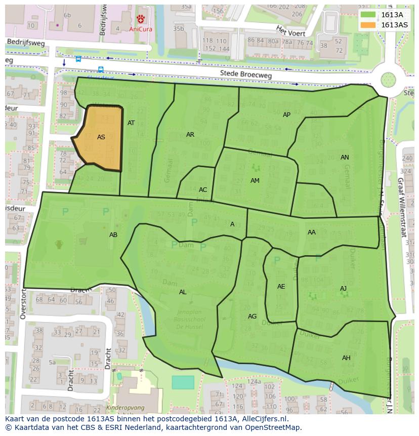 Afbeelding van het postcodegebied 1613 AS op de kaart.