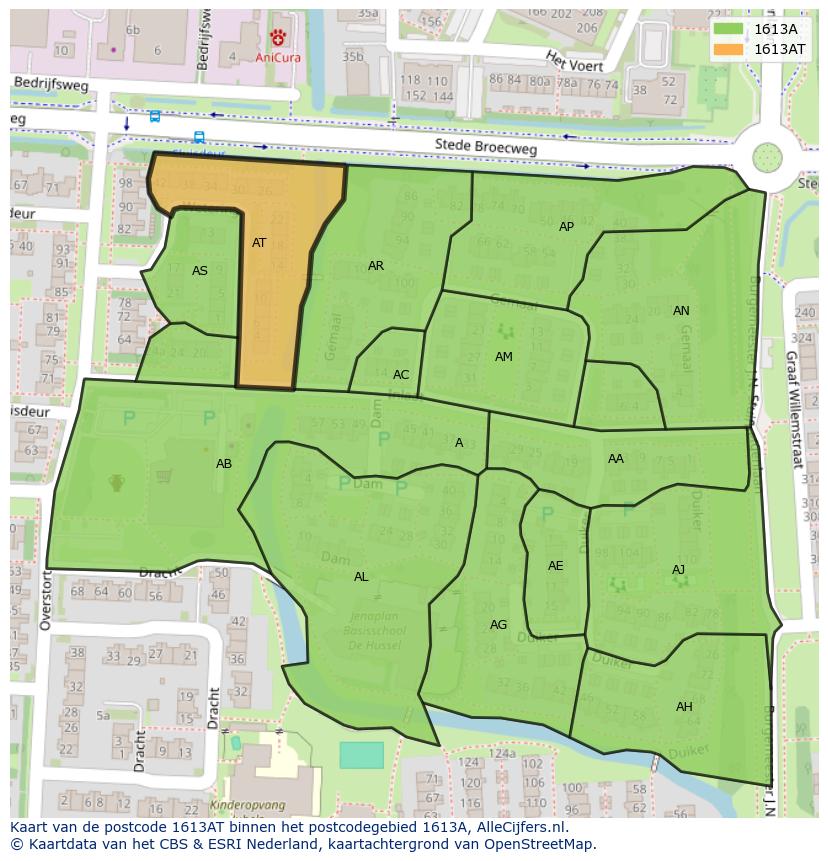 Afbeelding van het postcodegebied 1613 AT op de kaart.