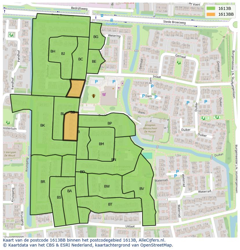 Afbeelding van het postcodegebied 1613 BB op de kaart.