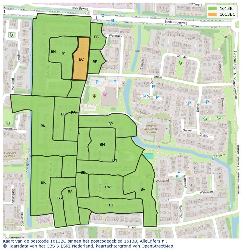 Afbeelding van het postcodegebied 1613 BC op de kaart.
