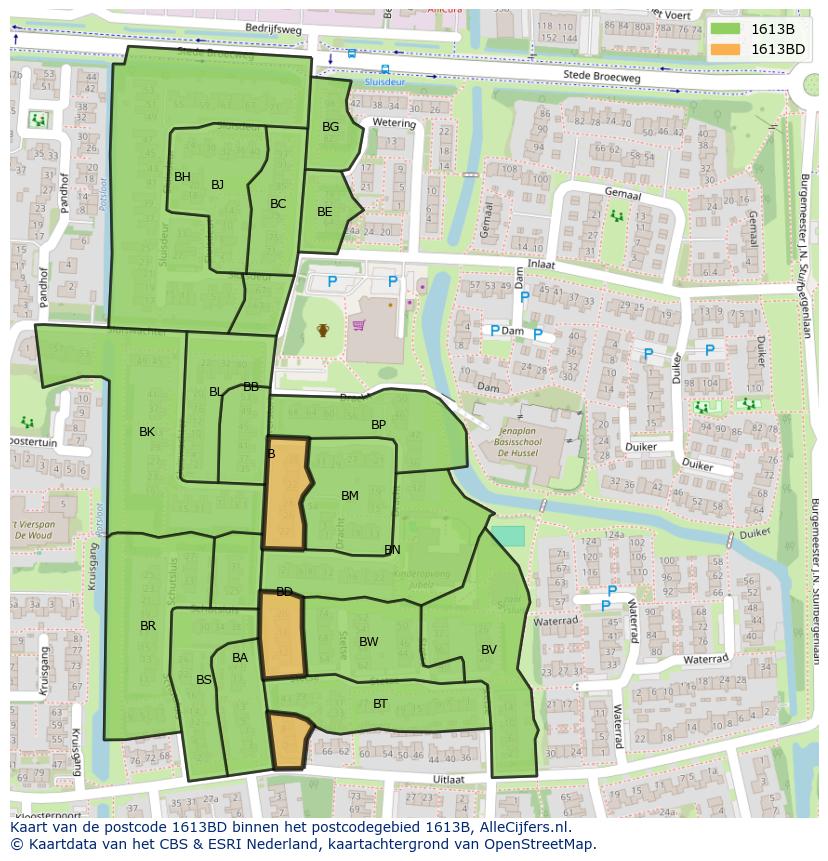 Afbeelding van het postcodegebied 1613 BD op de kaart.