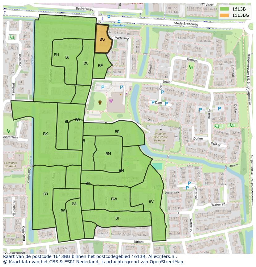 Afbeelding van het postcodegebied 1613 BG op de kaart.