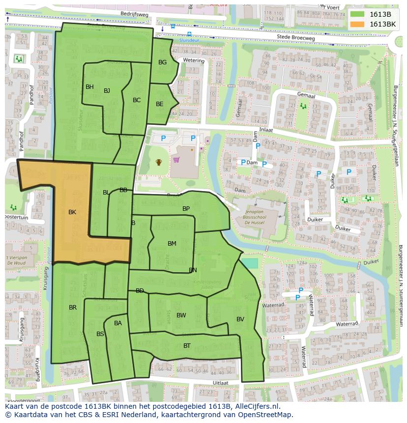 Afbeelding van het postcodegebied 1613 BK op de kaart.