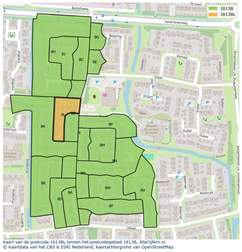 Afbeelding van het postcodegebied 1613 BL op de kaart.