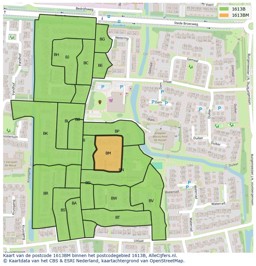 Afbeelding van het postcodegebied 1613 BM op de kaart.