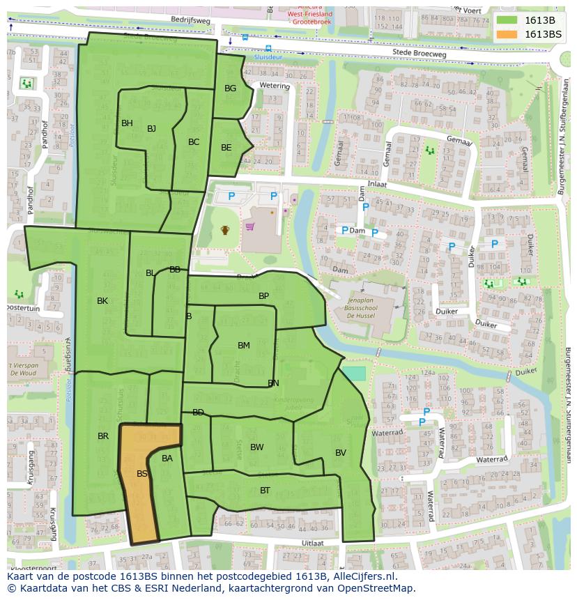 Afbeelding van het postcodegebied 1613 BS op de kaart.