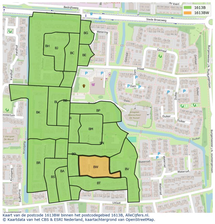 Afbeelding van het postcodegebied 1613 BW op de kaart.