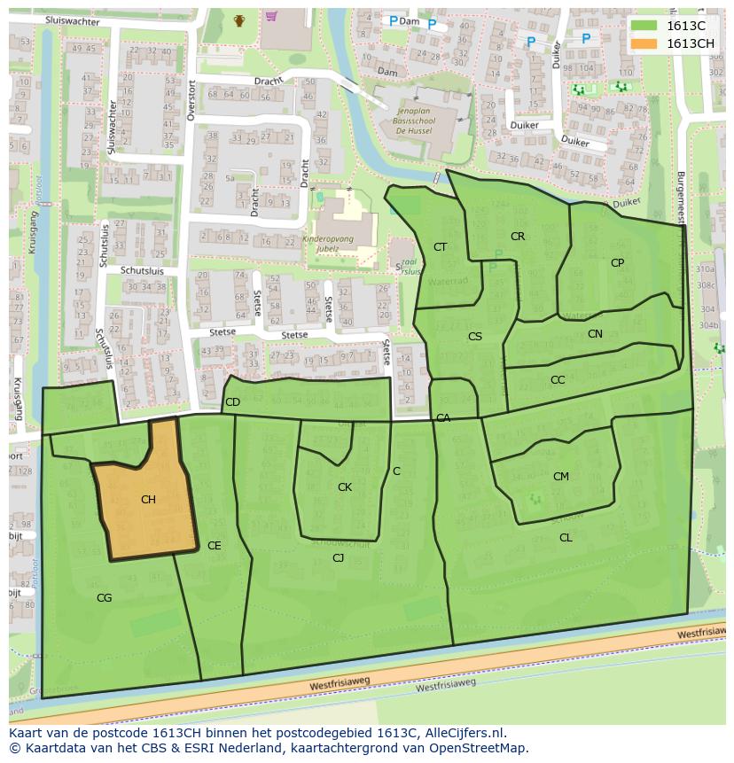 Afbeelding van het postcodegebied 1613 CH op de kaart.