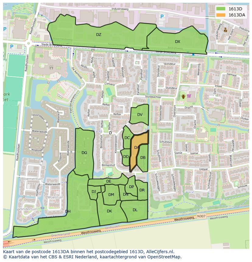 Afbeelding van het postcodegebied 1613 DA op de kaart.