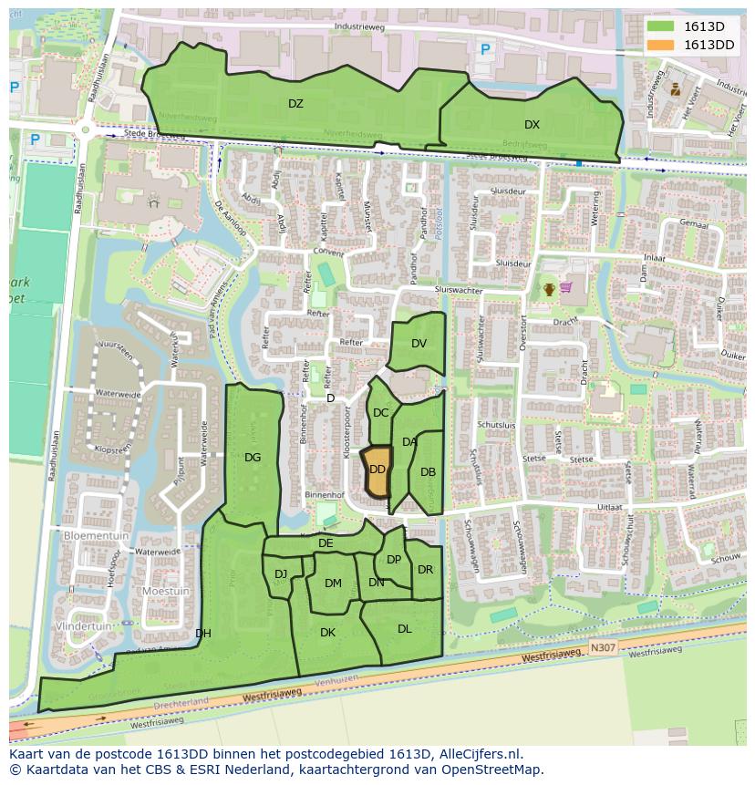 Afbeelding van het postcodegebied 1613 DD op de kaart.